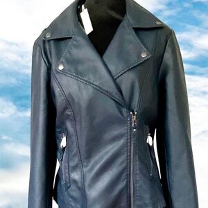 Max Studio Daek Navy Blue Faux leather Motorcycle style Jacket NWT L